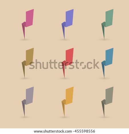 Set of nine different colored paper lightning, thunderbolt with the shadow, first set, vector illustration.