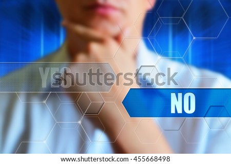 "Yes or No" concept image. Yes and no buttons, Person thinking over the choice. 