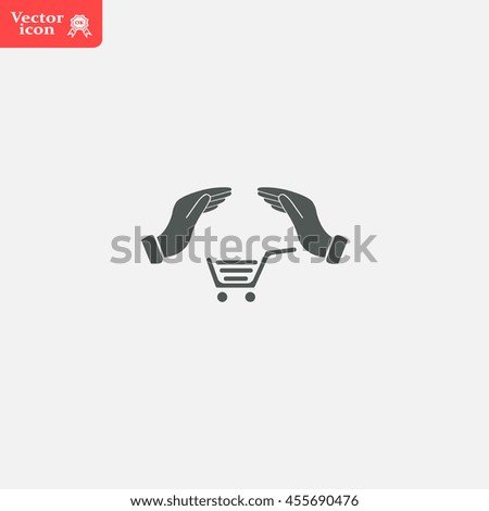 hands and shopping cart, sign purchase protection web icon. 