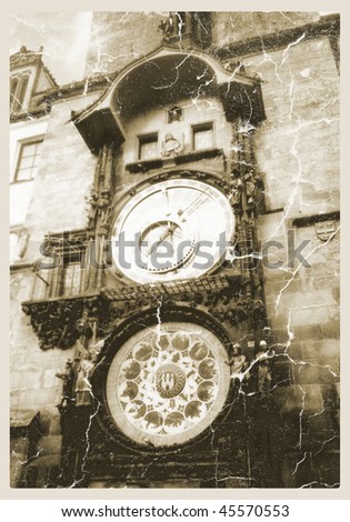 Aged photograph of medieval czech clock