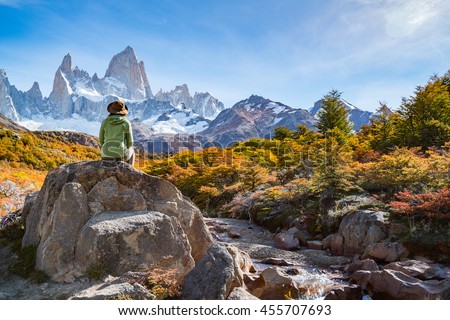 Adventure traveler fall in love with Autumn in Fitz Roy, Patagonia, El Chalten - Argentina Royalty-Free Stock Photo #455707693