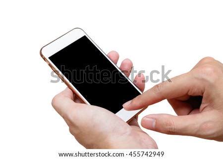 Human hand holding white phone on black screen isolated  with clipping path