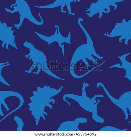 Seamless vector pattern of different dinosaurs on a blue background. Wrapping paper. Children print.