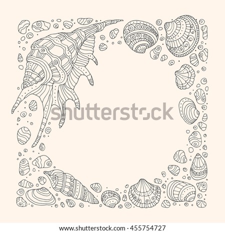 Seashell border frame, ocean pattern. Vector vintage illustration. Zentangle artwork. Beach concept for restaurant menu card, ticket, branding. Black and beige colors