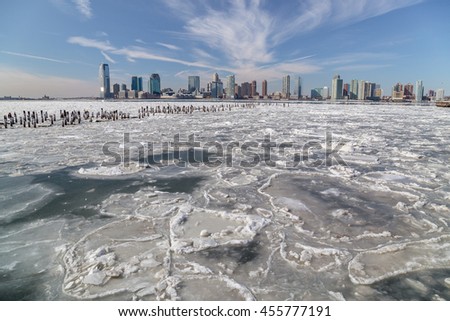 Hudson River In Winter. View from Manhattan (New York City) to Jersey across the Hudson river in winter. February 2015.