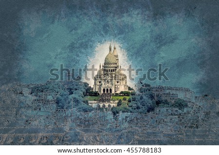 Sacre Coer in cityscape of Paris. Vintage painting, background illustration, beautiful picture, travel texture