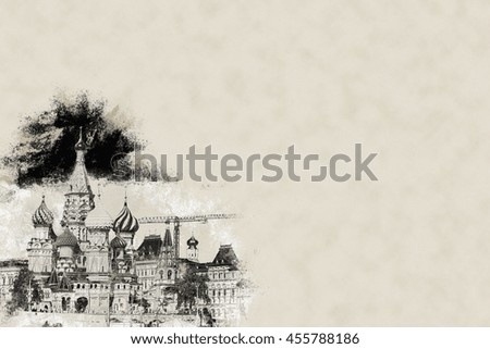 St. Basil church in Moscow beside big construction cranes and flags. Vintage painting, background illustration, beautiful picture, travel texture
