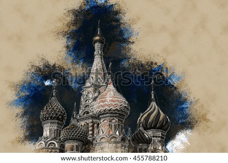 St. Basil Cathedral of the Protection of the Virgin on the Ditch Moscow. Vintage painting, background illustration, beautiful picture, travel texture