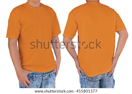Man wearing blank bright orange t-shirt with clipping path, front and back view. Template for insert logo, pattern, or artwork.
