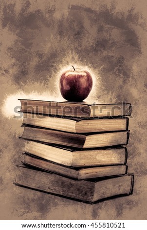 Stack of Old Books With an Apple on Top isolated on white. Vintage painting, background illustration, beautiful picture, educational texture