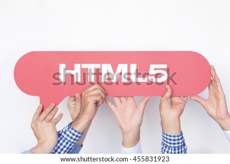 Group of people holding the HTML5 written speech bubble