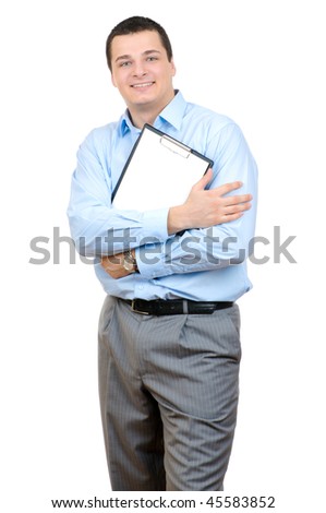 Businessman holding clipboard isolated on white background