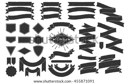 Set of Hand drawn ribbons / banners. Hand drawn Badge, banner, ribbon, flag, sunburst design element. Vector illustration.