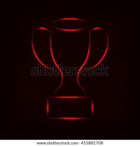 Cup Illustration Icon, Red Color lights Silhouette on Dark Background. Glowing Gradient Lines.