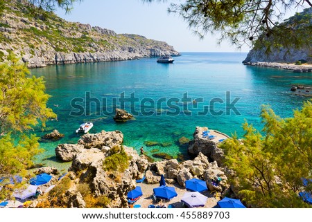 Overlooking the beautiful beach at Anthony Quinn Bay Rhodes Greece Europe