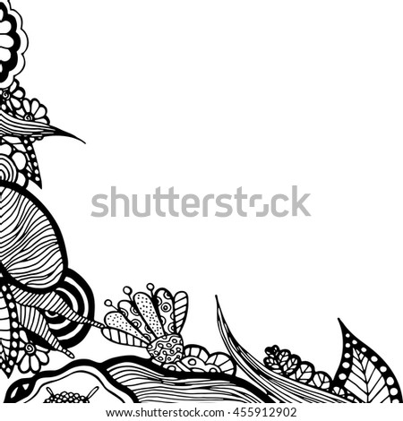 Decorative element border. Floral pattern of flowers and leaves. The design of fabrics, Wallpaper, ribbons on the edge. Coloring black and white, linear. Handmade drawing. Zentangle style.