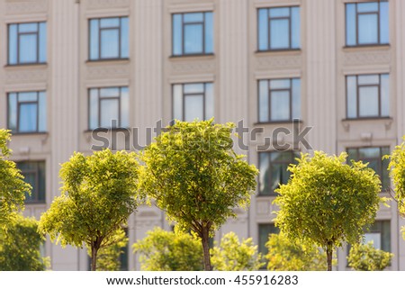 green trees in the background of the central building