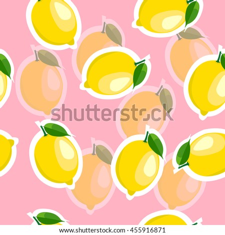 Lemon with transparency lemon same sizes sticker pink background. Pattern with lemon and leaves.