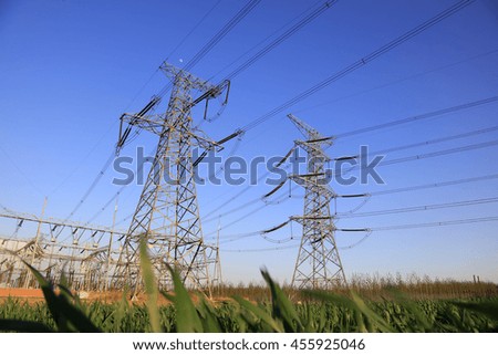 high voltage electric power steel tower, closeup of photo