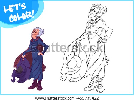 Serious witch with hat. Page for coloring book. Vector illustration isolated on a white background.