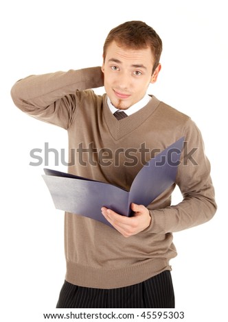 Young well-dressed thinking man in formal-wear is holding a open blue file for documents. Isolated on white background.