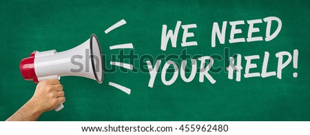 A man holding a megaphone - We need your help Royalty-Free Stock Photo #455962480