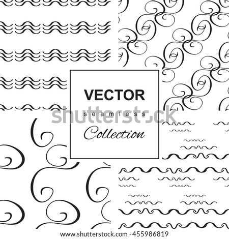 Wave seamless vector pattern set. Hand drawn monochrome modern background collection.
