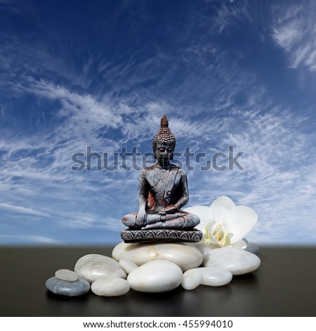 Buddha,zen stone,white orchid flowers and sky background