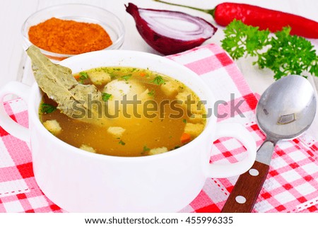 Broth of Turkey Fillet, Croutons on the White Boards