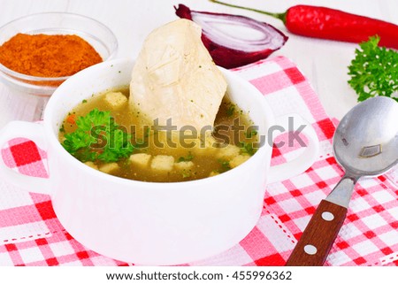 Broth of Turkey Fillet, Croutons on the White Boards