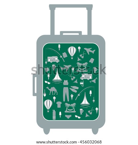 Nice picture of colorful suitcase with different pictures on the theme of leisure on a white background