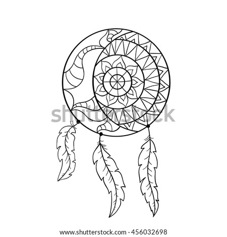 Dream catcher symbol. Sun and moon. Ethnic indian element. Coloring book page for adult. Native american pattern. Dreamcatcher totem icon.  Boho chic fashion print. Bohemian flower ornamental design.