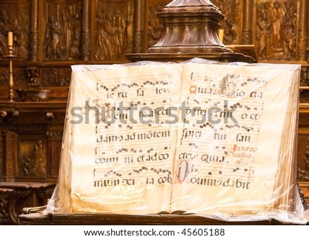 Score of Gregorian song on a lectern with the bottom outside center Royalty-Free Stock Photo #45605188