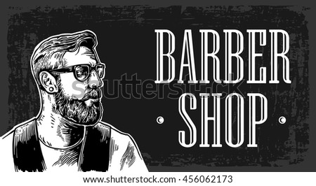 Head hipster glasses and a beard. Vector hand drawn vintage engraving for BarberShop, poster, label, banner, web. Isolated on dark background