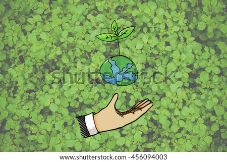 drawing of hand holding earth with plant 