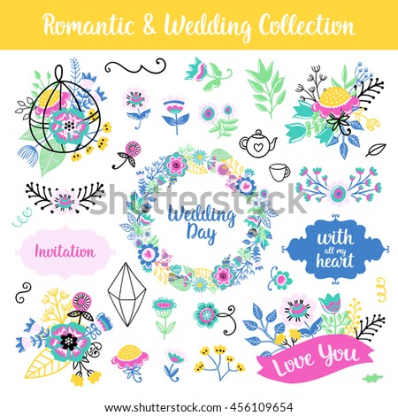 Floral hand drawn vintage set. Vector colorful frames and phrases, flowers and leaves collection. Isolated page decorations on shabby chic style. Design for patterns, textile, print.