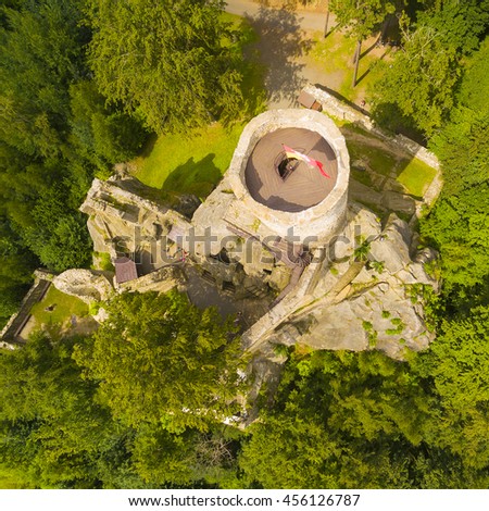 Ruins of gothic castle Frydstejn in National Park Cesky Raj (Czech Paradise). Aerial view to medieval monument in Czech Republic. Central Europe.  Royalty-Free Stock Photo #456126787