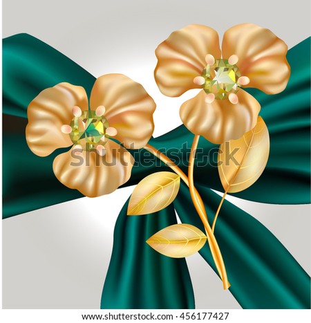Mesh flowers with diamonds. Gold plant on green canvas. Vector illustration