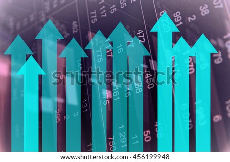 Turquoise arrows. Close-up computer monitor with trading software. Abstract financial illustration.