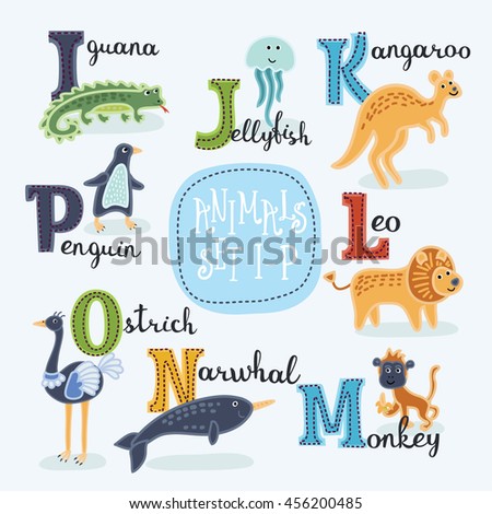 Cute zoo alphabet in vector. From I to P letters. Funny cartoon animals with names in English: iguana, jellyfish,  kangaroo, leo, narwhal, ostrich, penguin. ABC design in a colorful style