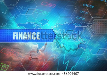Finance abstract illustration. Text title "Finance" at the blue background with global map, graph and stock indicators. 