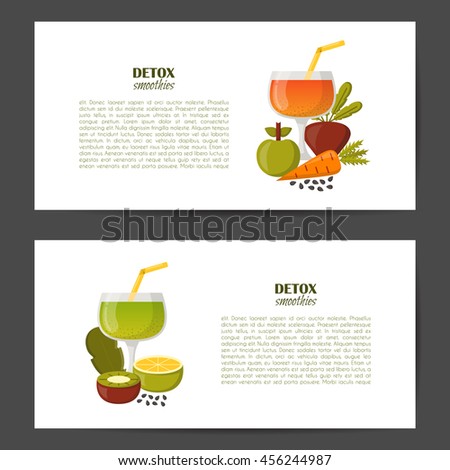 Vector illustration with cartoon summer ingredients for detox smoothie. Vegetables, fruits, chia seeds, colorful glasses. Fresh detox smoothie vitamin healthy living. Vegan, diet, vegetarian lifestyle