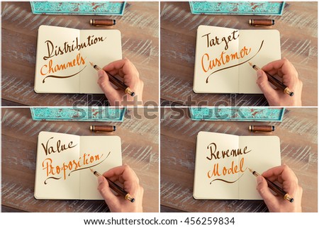 Photo collage of motivational business messages. Retro effect and toned image of a woman hand writing a note with a fountain pen on a notebook. Business success concept
