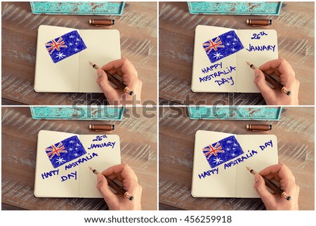 Photo collage of Retro effect and toned image of a woman hand drawing the Australian Flag with a fountain pen on a notebook. Concept image with HAPPY AUSTRALIA DAY 26 JANUARY and Australian flag