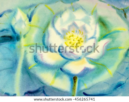Abstract watercolor original painting white color of lotus flower and mountain in green leaves blue background. 