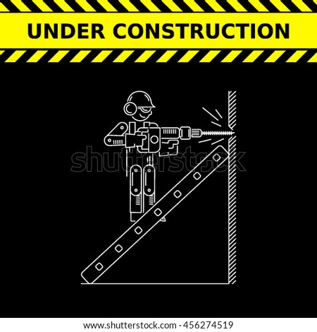 Under Construction Icon. Worker drills logo. Isolated white sign black background. Vector illustration. Usable for web, infographic and print