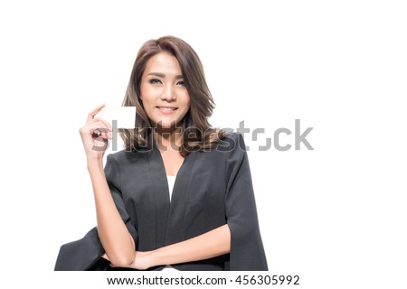 business woman showing business card , focus on card