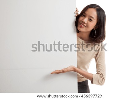 Young Asian woman present blank sign with palm hand  isolated on white background