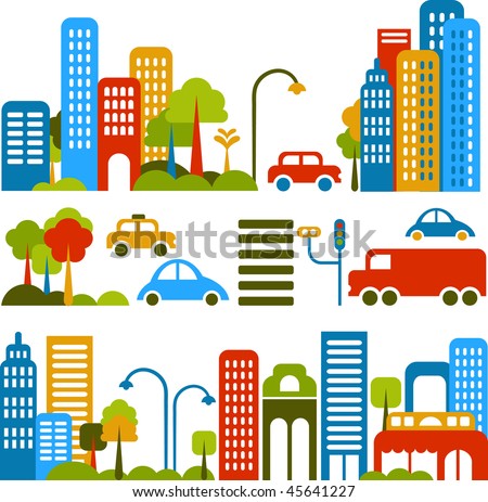 Vector illustration of a city street with colorful icons of cars, trees and buildings