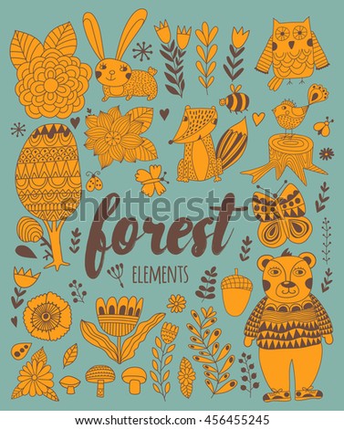 Vector forest elements in doodle childish style, handdrawn animals and insects, trees and plants.